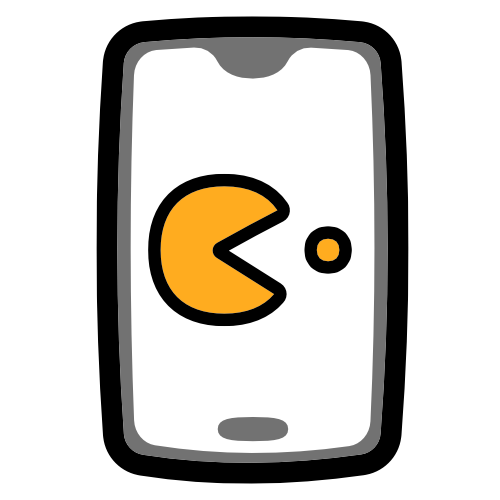  A grey cellphone displaying a yellow Pac-Man symbol on a white screen